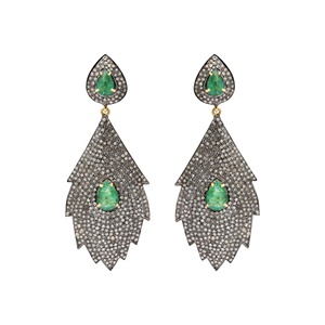 Pendientes de Plata de Ley 925 Oxidada al por Mayor con Esmeralda Natural en Forma de Pera y Diamantes Pavé, Joyas Memoria - Product Image 2