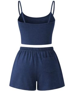 Custom Navy Blue Women Camisole And Shorts <b>Set</b> Summer Two Piece Outfit Cotton Blend Crop Top Drawstring Shorts Casual Lounge <b>Set</b> - Product Image 2