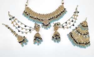 Mehandi Plated <b>Indian</b> Bridal <b>Jewelry</b> <b>Set</b> With Maang Tikka Necklace Earrings Ethnic Flower Pearl Rhinestone Wedding Party Wear - Product Image 6