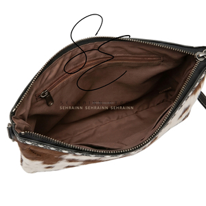 <b>Tooled</b> <b>Leather</b> Wristlet Clutch Real Hair On Cowhide Zipper <b>Pouch</b> Buckstitch Lacing Western Handbag Custom OEM Wholesale Brown - Product Image 5