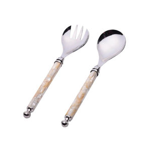 Ensemble de 2 cuillères et fourchettes à salade en acier inoxydable moderne, finition argentée, avec manche en forme de plume, fabriquées à la main, pour la restauration. - Product Image 2