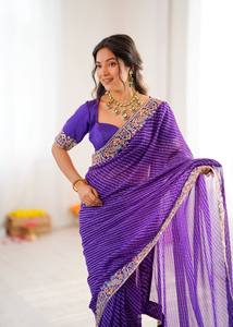 Sari de Georgette Bordado Royal Bandhani, Sari de Fiesta Bordado Regal, Tela de Seda Mono Pesada con Estilo Romántico - Product Image 1