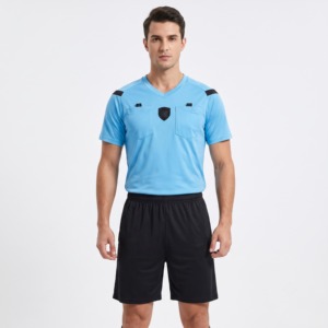 Custom Soccer <b>Referee</b> Uniform Set Light Blue Black V-Neck Short Sleeve Moisture Wicking Breathable Athletic Fit Adult Unisex - Product Image 3