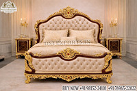 Lit Maharaja en bois antique avec tabouret, mobilier de chambre à coucher de style baroque pour villas de luxe, ensemble de chambre à coucher en teck de Birmanie