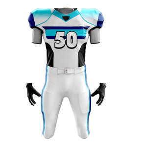Conjunto de Uniforme de Fútbol Americano Personalizado, Blanco, Azul y Negro a Rayas, Jersey Sublimado, Pantalones Ajustados, Absorbentes de Humedad, Talla Adulto para Hombre - Product Image 2