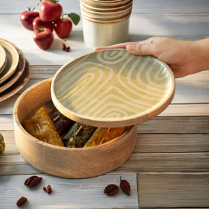 Wood Roti <b>Box</b> with enamel print lid <b>Brown</b> Wooden Roti Dabba for Kitchen | Roti <b>Box</b> for Kitchen Container - Product Image 5
