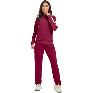 Chándal con cuello alto para mujer, mezcla de algodón y poliéster, diseño de bloques de color, chaqueta con cremallera completa, pantalones con rayas laterales - Product Image 1