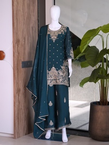 Ensemble Kurti Salwar indien pakistanais brodé, vert, trois pièces, pour mariage, fête, femmes - Product Image 1
