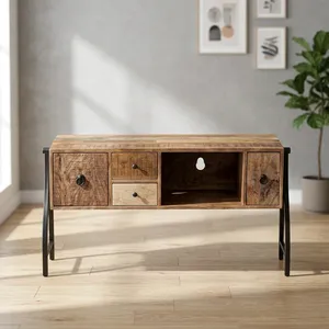 Meuble console multimédia industriel en mosaïque avec 4 tiroirs et 1 étagère, pieds en bois - Product Image 1