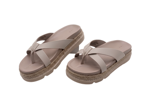 Women's Beige Micro Leather Strap Platform <b>Sandals</b> Open Toe Cushioned EVA Sole Anti-Slippery Breathable Soft Summer Flat Slip-On - Product Image 2
