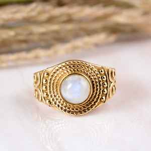 Handmade Botanical Moonstone <b>Statement</b> <b>Ring</b> 14K Gold Plated Brass Boho Hippie Style Nature Inspired Leaf Band Delicate Blue <b>Ring</b> - Product Image 1