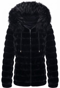<b>Black</b> Faux Fur Hooded Winter Jacket for Women Zip Up Plush <b>Coat</b> - Product Image 5