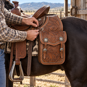 ROYAL INTERNATIONAL Sacs de selle pour chevaux en cuir véritable |   Pochette de rangement latérale pour l'équitation occidentale avec sangles et boucles sécurisées, embossée - Product Image 3