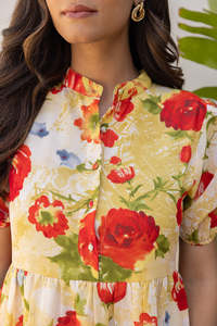 Robe midi à imprimé floral rose, col en V, coupe évasée, manches trois quarts, poches, coton respirant, robe d'été décontractée pour femmes - Product Image 5