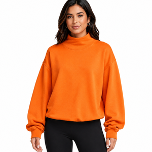 Sweat-shirt à col montant ample pour femme, orange, manches longues, en coton tricoté, style automne, respirant, couleur unie, longueur courte - Product Image 1