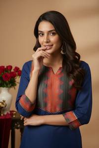 Ensemble pantalon et kurta droit en coton épais bleu, col rond, longueur mollet, uni, tenue ethnique festive pour femme, tailles M L XL XXL - Product Image 4