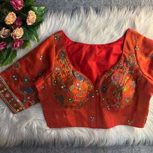 Blusa de Mujer Estilo Sabyasachi, Dulce y Corta, Tejida, de Seda Pesada con Encaje Bordado |   Espejo con Motivo de Aves, Ecológico y Lavable - Product Image 2