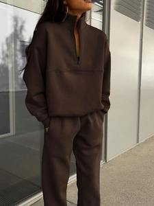 Custom Women's Fleece Tracksuit Set Quarter <b>Zip</b> Sweatshirt Jogger Pants Casual Loungewear Activewear OEM Supplier - Product Image 1
