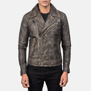 Danny Quilted Brown <b>Leather</b> Breathable Stand Collar Zipper Closure Biker <b>Jacket</b>-Vintage Motorcycle <b>Jacket</b> for <b>Men</b> - Product Image 1