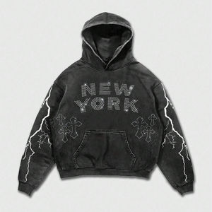 Sweat-shirt à capuche oversize personnalisé pour homme, imprimé lettres et croix en strass, de haute qualité, délavé, à épaules tombantes, pour le streetwear - Product Image 1