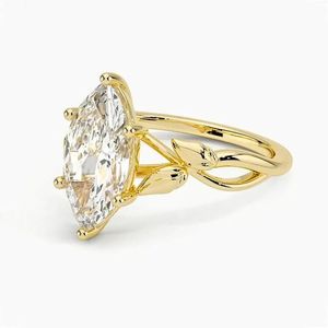Anillo de Compromiso de Lujo con Diamante Cultivado en Laboratorio, Corte Marquesa, Banda con Diseño de Hoja Inspirado en la Naturaleza, Joyería de Oro de 14K - Product Image 3