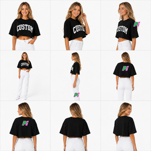 Camiseta Corta Negra para Mujer, con Estampado de Letras Personalizado, Cuello Redondo, Manga Corta, Corte Holgado, Informal, Primavera Verano, 100% Algodón Jersey - Product Image 4