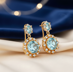 ต่างหูทรงหยดน้ำบลูโทแพซไฮโดรและเพชร CZ เงินแท้ 925 ชุบทอง 18K เหมาะสำหรับงานเลี้ยงค็อกเทล งานแต่งงาน ของขวัญสำหรับเธอ - Product Image 3