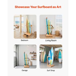Porta Tavole da Surf Verticale a 3 Livelli in Legno, Espositore Autoportante con Soluzione di Stoccaggio e Appendiabiti - Product Image 2