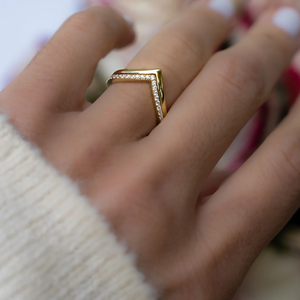 Customized 18K Solid Gold Lab Diamond Chevron <b>Ring</b> Set with a Sleek <b>Plain</b> Band V <b>Ring</b> Set Eternity Stacking Curved Wedding Band - Product Image 4