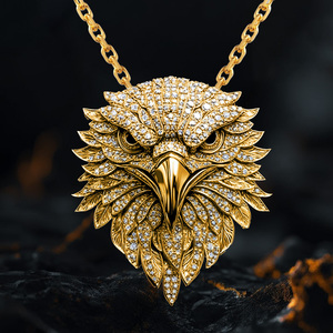 Collier pendentif tête d'aigle plaqué or 24 carats avec diamant taille brillant rond, chaîne à maillons de luxe unisexe - Product Image 1