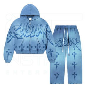 Men's Blue <b>Tie</b>-<b>Dye</b> Streetwear Tracksuit Hoodie & Sweatpants <b>Set</b> Full Zipper Loose Fit Printed Cross Pattern 100% Cotton Suite - Product Image 2