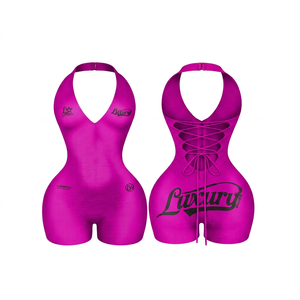 Body gainant de luxe pour femme, violet, col licou, sans manches, dos lacé, imprimé logo, effet ventre plat, en Spandex/Polyester, coupe ajustée - Product Image 5