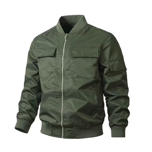 Blouson bomber vert olive pour homme, fermeture éclair, col montant, coupe décontractée, coupe-vent, couleur unie, polyester, coupe régulière, vêtement d'automne - Product Image 3