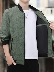 Blouson bomber pour homme à imprimé feuilles vertes, col montant, fermeture éclair, décontracté, léger, vêtement d'extérieur pour l'automne - Product Image 4