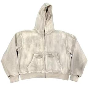 เสื้อฮู้ดดี้ทรงบ็อกซี่แบบครอป ซิปหน้า สไตล์สตรีทแวร์ ผ้าคอตตอน 100% หนัก 500GSM ล้างสีแบบแอซิดวอช ดีไซน์ขาดๆ สำหรับผู้ชาย - Product Image 2