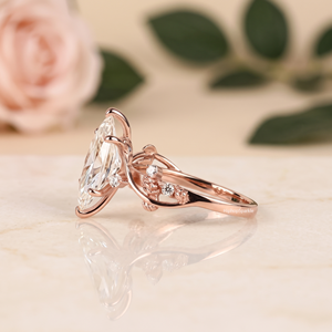 Elongated Hexagon Cut Moissanite Sterling Silver Rose Gold Plated Engagement Ring Prong Setting Floral Vine Side Accent Bridal - Product Image 2