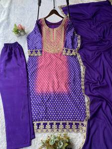 Conjunto de ropa étnica para mujer con blusa bordada con estampado chinon exclusivo y pantalón dupatta de talla única de 48 pulgadas, diseño de diseñador. - Product Image 4