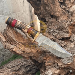 Cuchillo de Caza de Acero de Damasco Hecho a Mano con Mango de Cuerno de Ciervo, Hoja Fija, Cuchillo de Supervivencia para Camping al Aire Libre, DIY OEM - Product Image 4