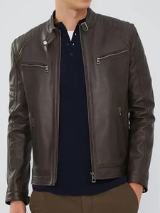 Veste en cuir marron foncé à fermeture éclair pour motard - Product Image 3