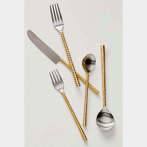 Silver Plated Stainless Steel Spoons <b>Set</b> with <b>Gold</b> Plated Twist Long Handle Design Luxury Serving Spoons Utensils <b>Set</b> - Product Image 1
