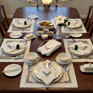 Custom Wholesale Luxury Embroidered Black Floral <b>Placemats</b> Napkins Sets White Linen Trays Thin Washable Reusable Home - Product Image 1