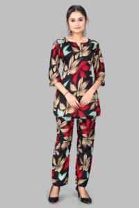 Ensemble coordonné pour femmes à imprimé floral multicolore vibrant, tissu micro respirant, respectueux de l'environnement, col rond, tenue 2 pièces, taille extra large - Product Image 4