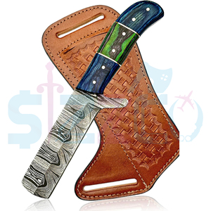 Cuchillo de caza y camping de hoja fija de acero de Damasco hecho a mano, estilo vaquero personalizado, con funda de cuero. - Product Image 3