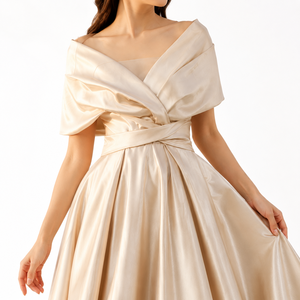 Champagne Satin off Shoulder A-Line Midi <b>Dress</b> Women Elegant Line Evening Party <b>Vintage</b> Cocktail <b>Wedding</b> <b>Guest</b> <b>Dress</b> - Product Image 2