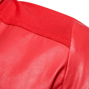 Blouson moto en cuir PU rouge pour homme, col montant, fermeture éclair, coupe ajustée, longueur standard, couleur unie, pour l'automne - Product Image 6