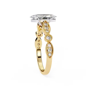 Bague de fiançailles en diamant de laboratoire taille marquise, or massif 18 carats, certifiée IGI, VVS E-F, style vintage avec accent rond East West - Product Image 2