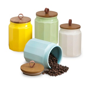 Ensemble de pots en céramique contemporains avec couvercle en bambou, design facetté, bocaux hermétiques pour le stockage des aliments, organisateur de cuisine élégant - Product Image 2