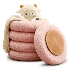 Sgabello Moderno Rotondo in Sherpa con Vassoio Ribaltabile, Sedia Imbottita per Trucco, Pouf Contenitore per Arredamento Casa - Product Image 1
