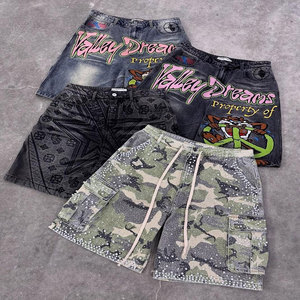 Customized Logo Printed <b>Men's</b> <b>Denim</b> <b>Cargo</b> <b>Shorts</b> Mid Waist Button Fly Embroidery Cartoon Print Street Style Bermuda - Product Image 1