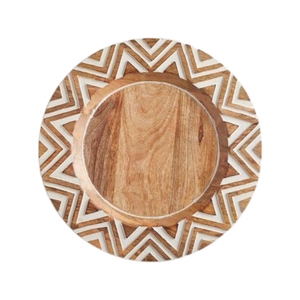 Plateau de service rond en bois artisanal avec bordure incrustée rayée – Plateau décoratif pour table et décoration de Noël - Product Image 4